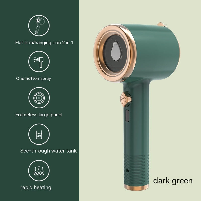 Dark green handheld device with rose gold accents on a light green background, featuring text describing its features.