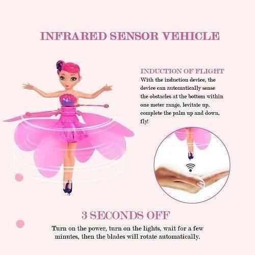 Toy figure in a pink dress with animated text about an infrared sensor vehicle.