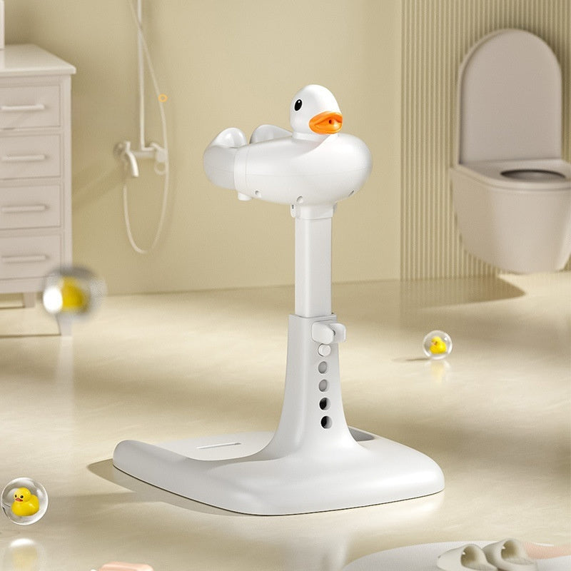 White duck-shaped shower head on a stand in a bathroom setting