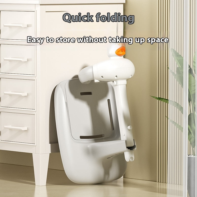 White folding chair with duck head design in a bathroom setting
