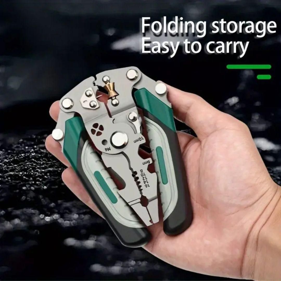 Multitool with pliers and wire cutters held in a hand, with text 'Folding storage Easy to carry' on a dark background.