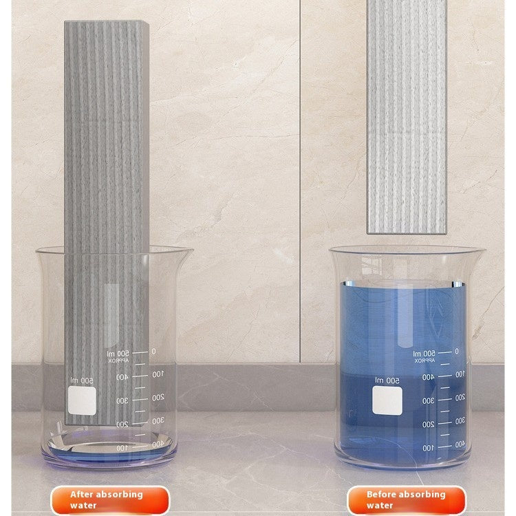 Two beakers, one before and one after absorbing water, on a tiled floor.