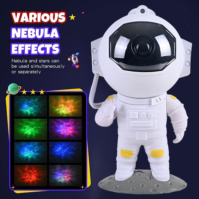 Toy astronaut with nebula effect display on a dark background