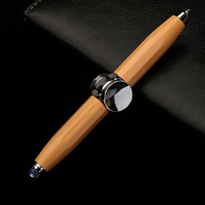 Wooden pen with metal accents on a black background
