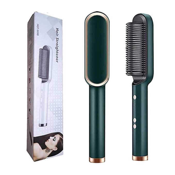 Green hair straightener with packaging on a white background