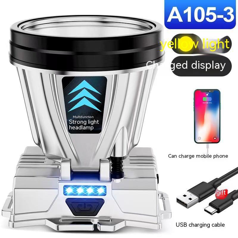 A head-mounted torch with a deep blue light cup, silver body, and a display indicating charging status. It can also charge mobile phones.