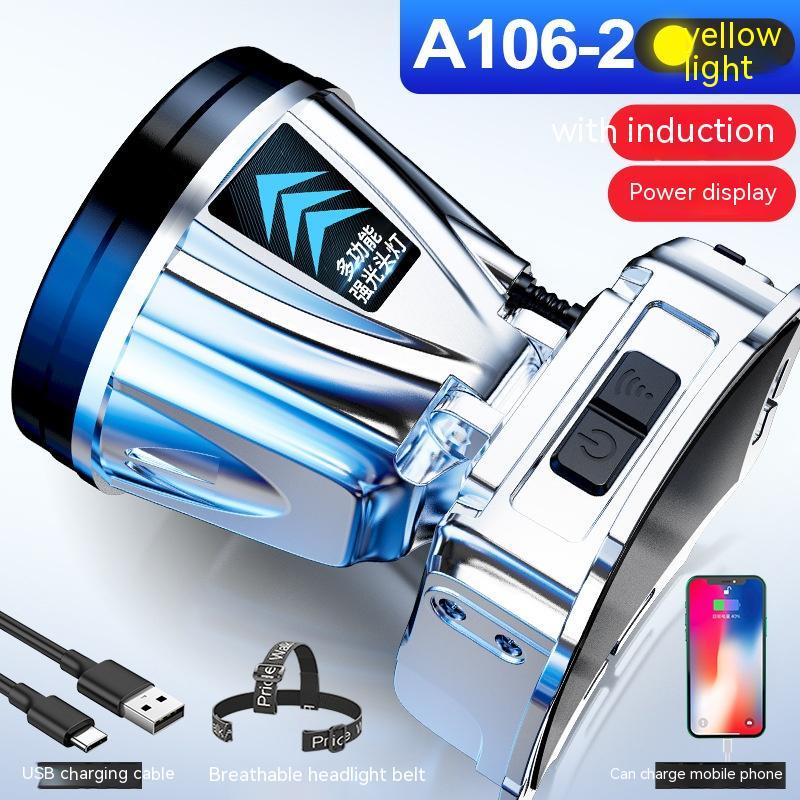 Chrome headlight with USB charging cable and phone charger on a white background