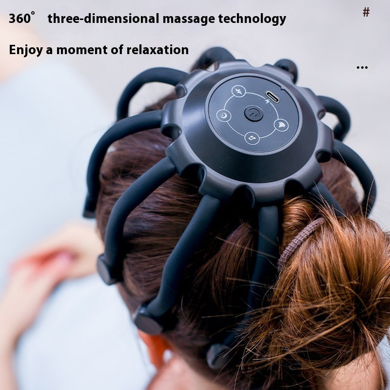 A head massager with a ten-claw design being used on a person's head, primarily in black color.
