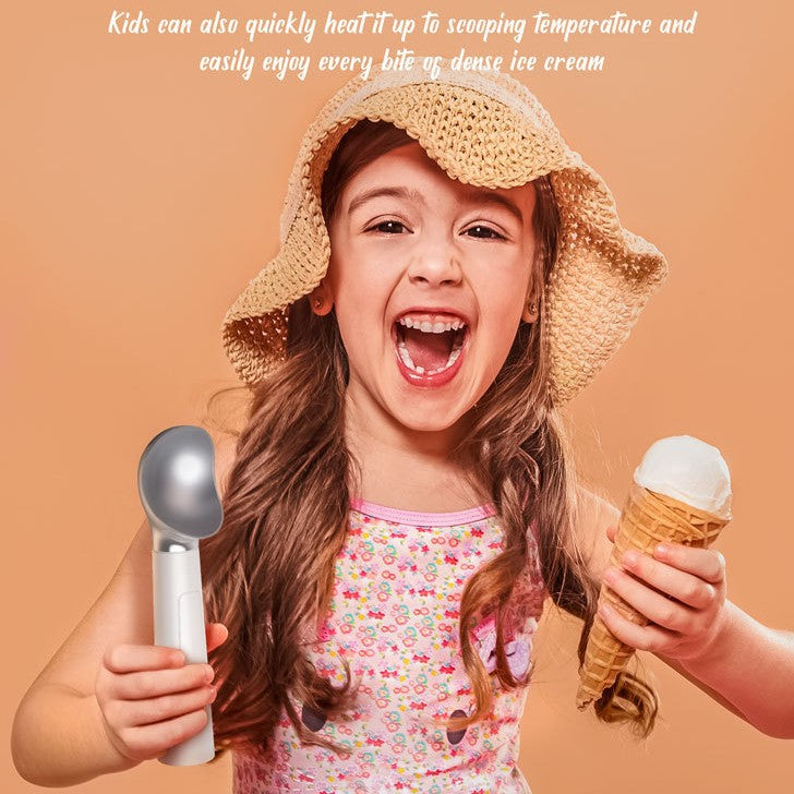 Child wearing a straw hat, holding an ice cream scoop and a cone, against a peach background.