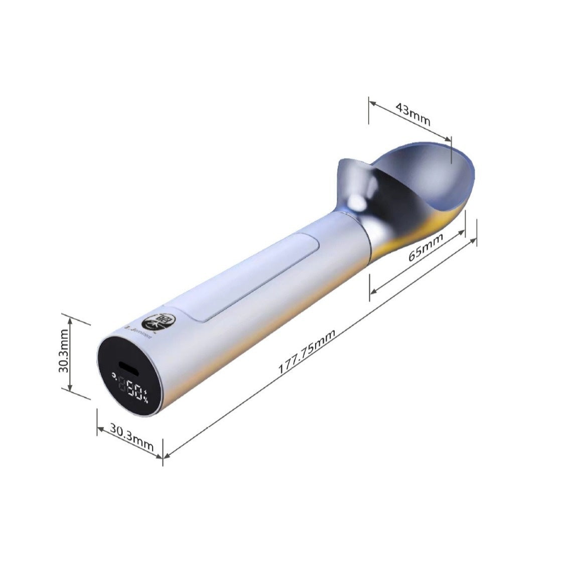 An ice cream scoop with a white handle and silver-colored stainless steel scooping surface, displayed alongside scoops of ice cream in green and red, with a checkered napkin and decorative pine leaves in the background.