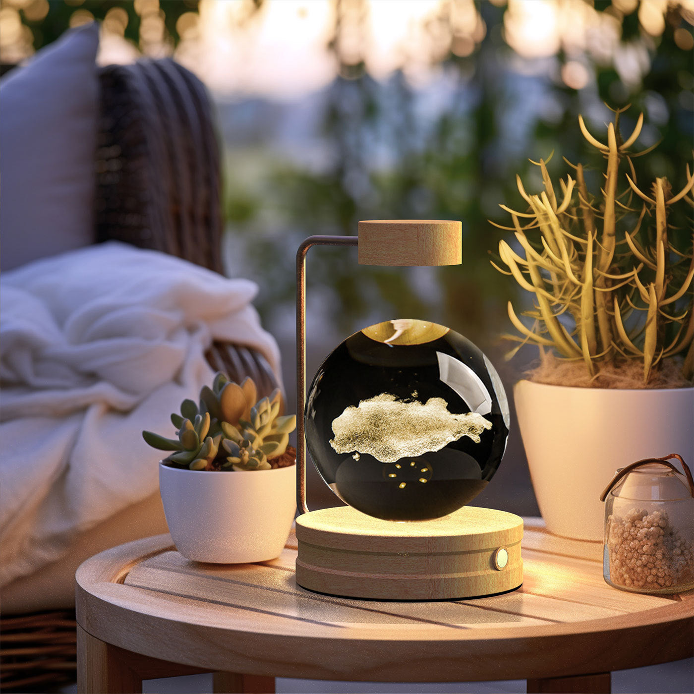 Decorative lamp on a table with plants and pillows in the background