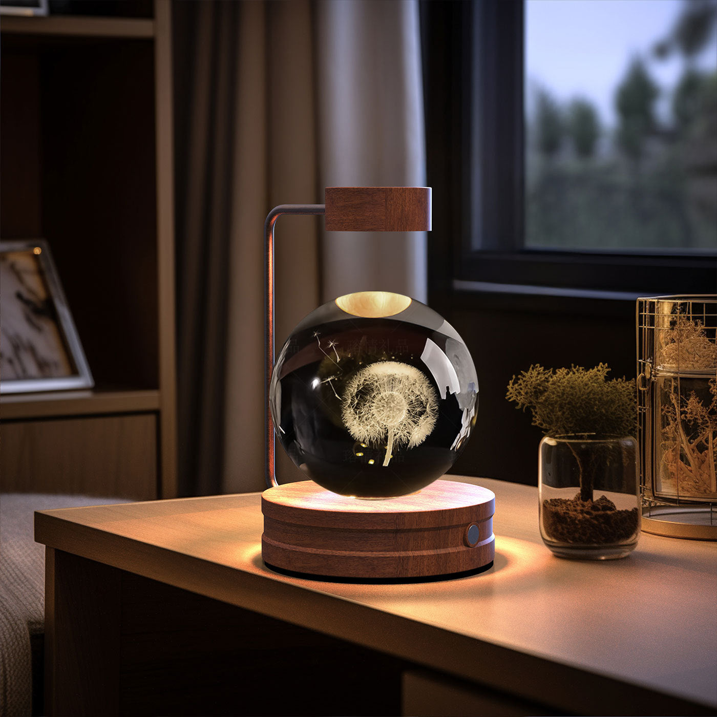 Futuristic lamp with a glass sphere on a wooden base in a dimly lit room.