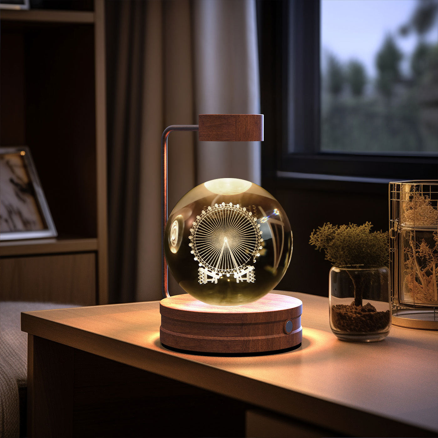 Decorative lamp with Ferris wheel design on a wooden table