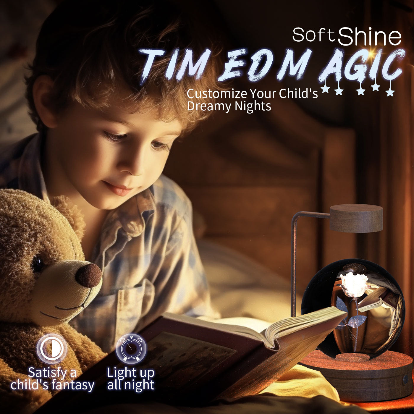 Child reading a book with a teddy bear, surrounded by SoftShine lighting products.