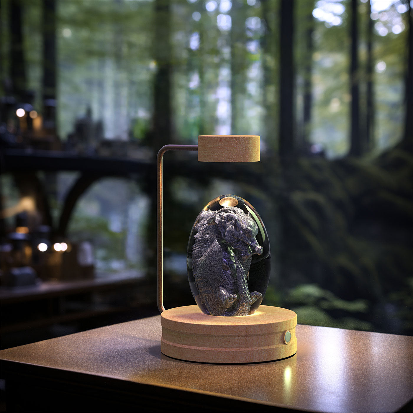 Decorative lamp with a rock-like object on a wooden base in a forest setting