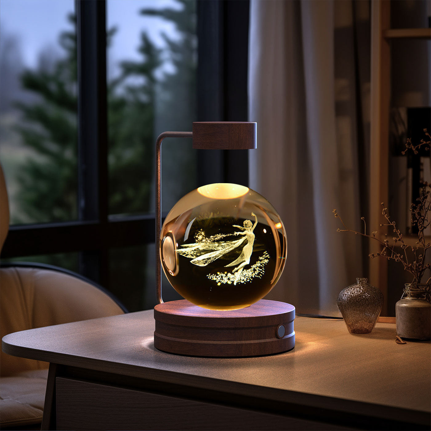 Decorative lamp with a glowing sphere on a table in a room with a window and plants.