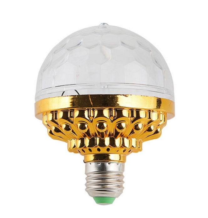 Decorative light bulb with gold and white design on a white background