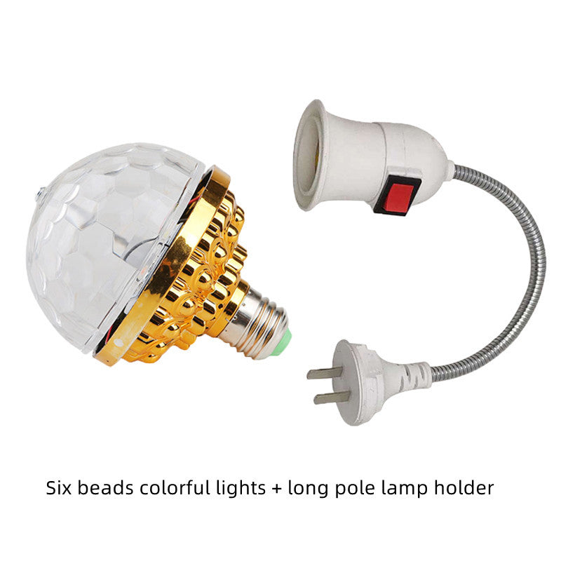 Colorful light bulb with gold accents and a long pole lamp holder on a white background.
