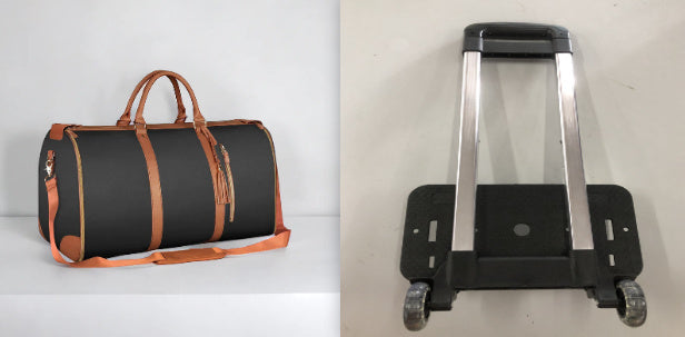 Black travel bag with brown handles and a black luggage trolley on a white background