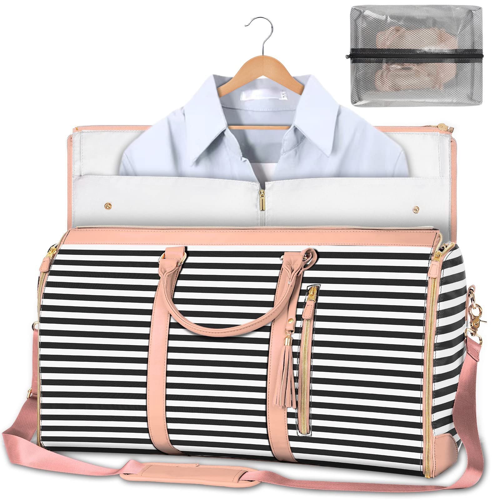 Striped travel bag with a shirt on a hanger and a clear packing cube inside.