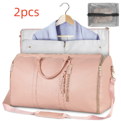 Pink duffel bag with clothes and a hanger, showing 2-piece set.