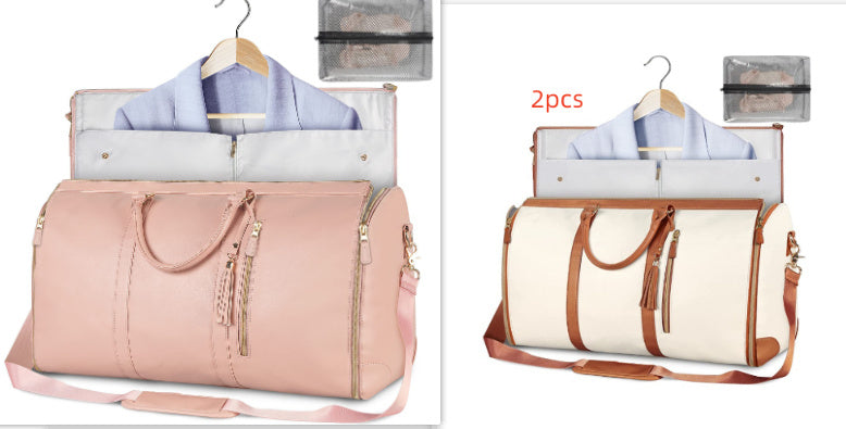 Two duffel bags, one pink and one beige with brown straps, on a white background.