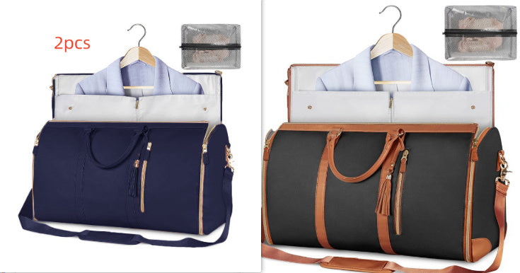Two images of a travel bag with clothing and a hanger, one navy and one black with brown handles.