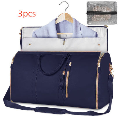 Navy blue travel bag with a shirt on a hanger and a mesh pouch, labeled '3pcs'.