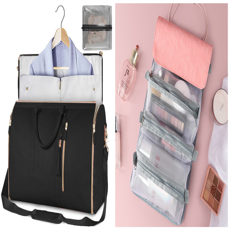 Black backpack with organized compartments and a hanging makeup organizer with cosmetic items.