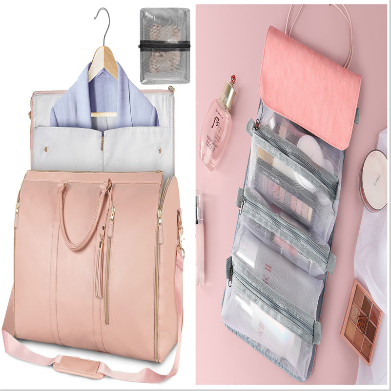 Pink backpack with organized compartments and a hanging organizer with makeup items on a pink background.