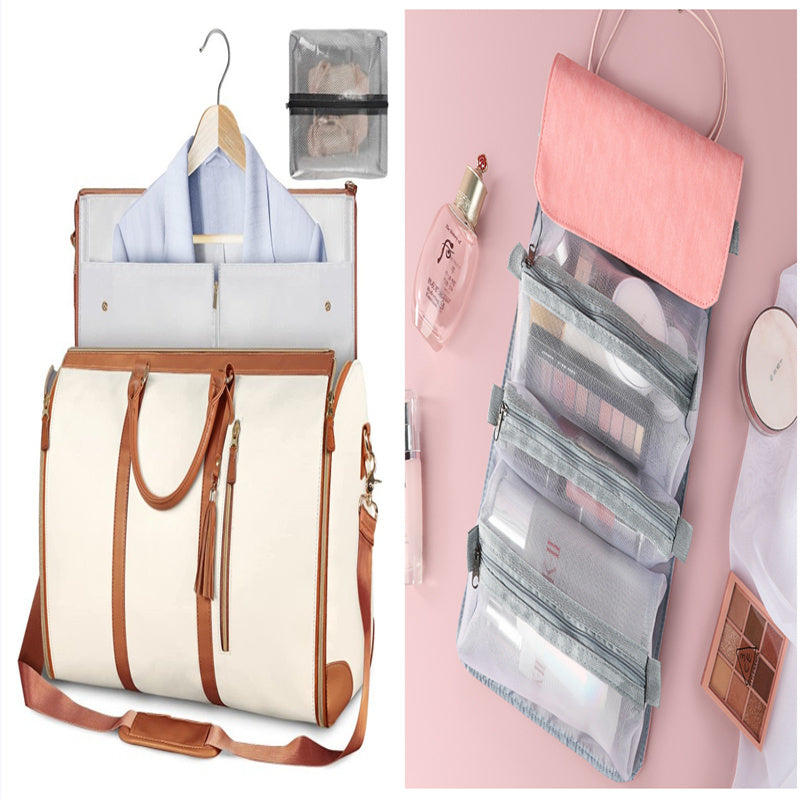Collage of a white tote bag with brown straps, a clear hanging organizer, and a pink pouch on a pink background.