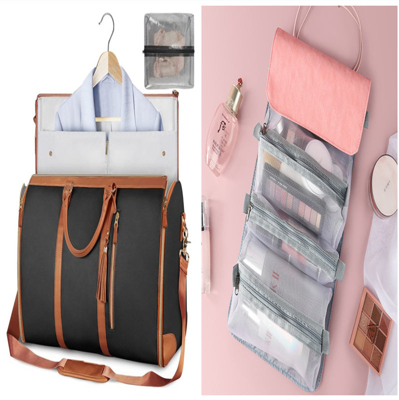 Black and brown travel bag with clothes and a pink hanging organizer with makeup items.