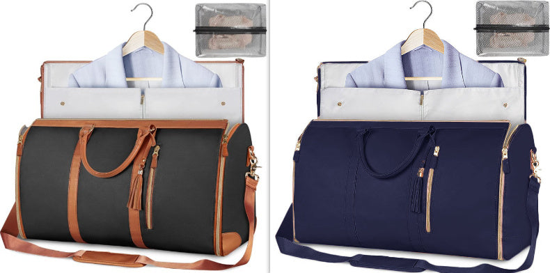 Two travel bags, one black with brown straps and the other navy blue, with hangers and clothes on a white background.