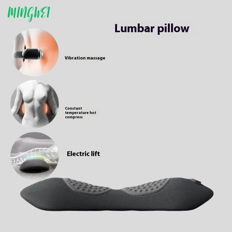 Lumbar pillow with vibration massage, constant temperature hot compress, and electric lift features on a gray background.