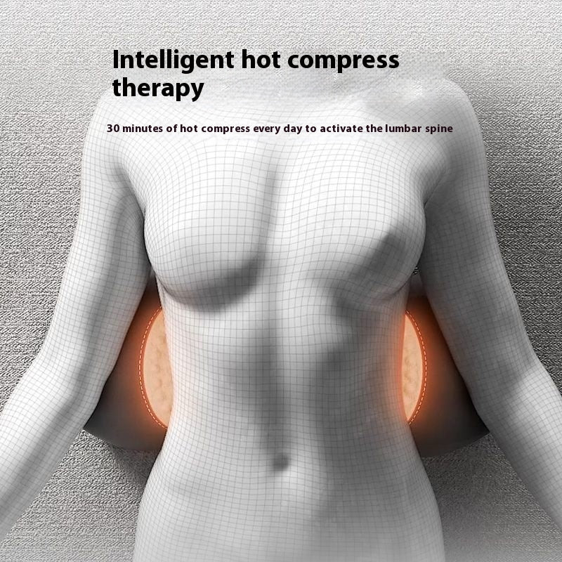 Illustration of a person with glowing orange circles on their back, labeled 'Intelligent hot compress therapy'.