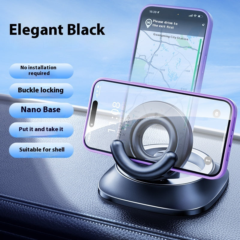 Phone holder with smartphone on a car dashboard, featuring text highlighting features.