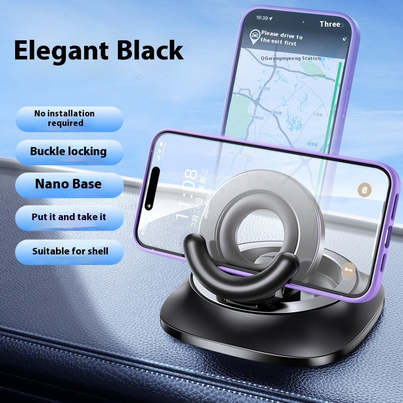 A promotional image showing a black universal magnetic bracket with vacuum adsorption and 360-degree rotation feature, displayed on a stand next to a smartphone.