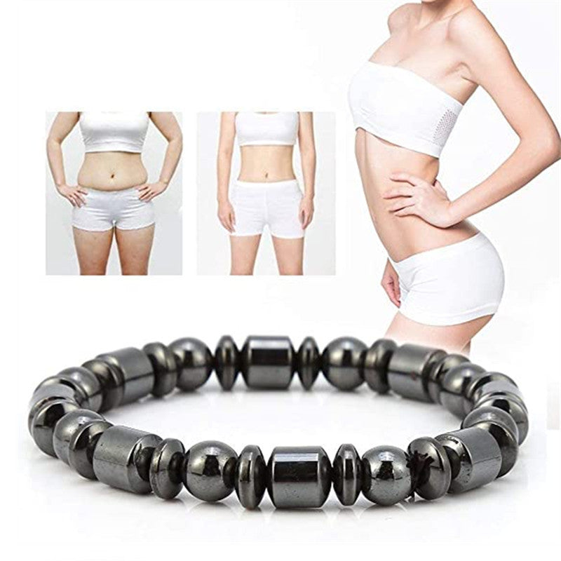 Gray beaded bracelet on a white background with insets of a person wearing white underwear.