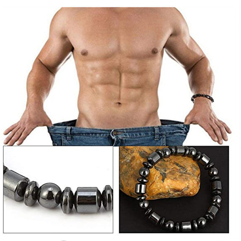 Man stretching jeans with inset images of a beaded bracelet and stone.