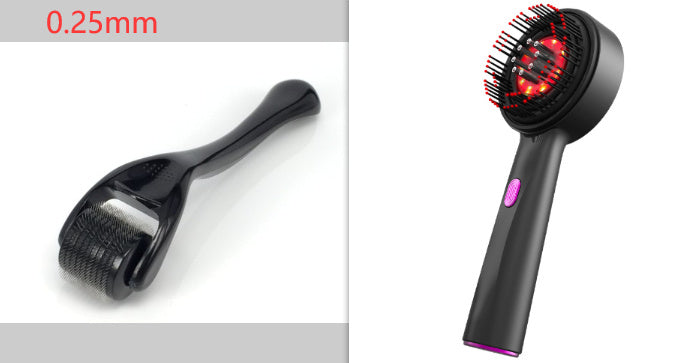 Red electric massage comb with a black head, demonstrating its design and size.