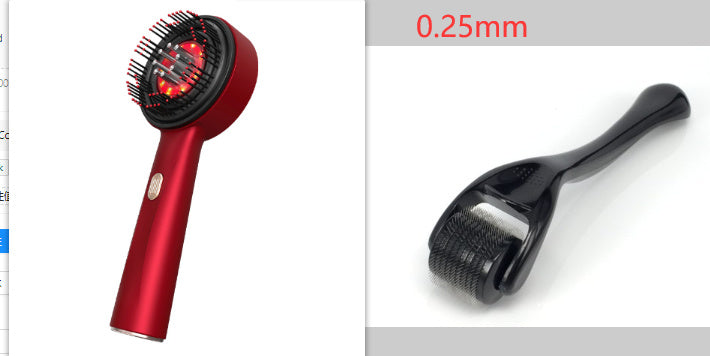 A person is holding a red electric massage comb with a black head, demonstrating its design and size.