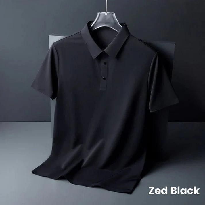 Black polo shirt on a hanger against a dark background with 'Zed Black' branding.