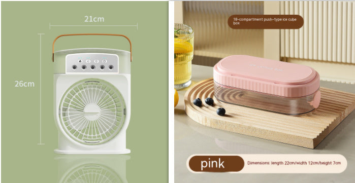 A pink portable USB air conditioner cooling fan with a handle, featuring 7 color lighting and a water tank depicted in the image.