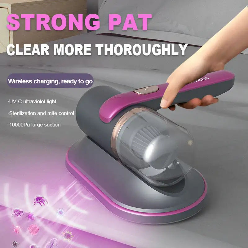 A handheld electric UV mite remover with a pink and gray color scheme being used on a fabric surface, showcasing its UV sterilization function.
