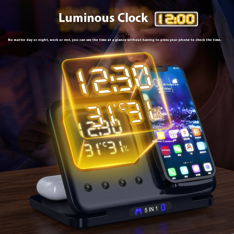 Luminous clock displaying time and temperature with a smartphone on a stand.