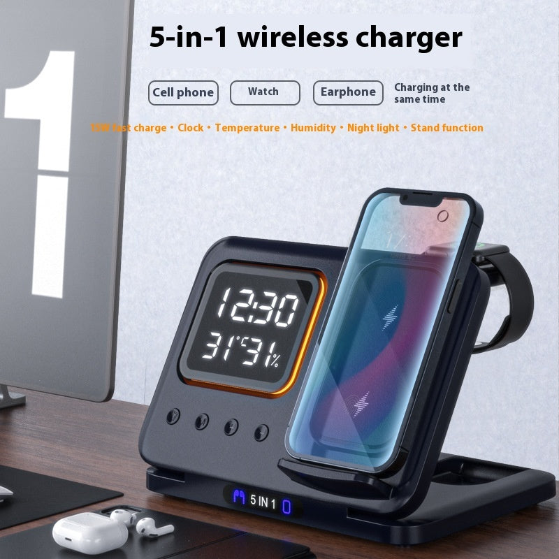 15W 5 in 1 Wireless Charging Stand with LED Digital Alarm Clock and Fast Charging Dock Station 