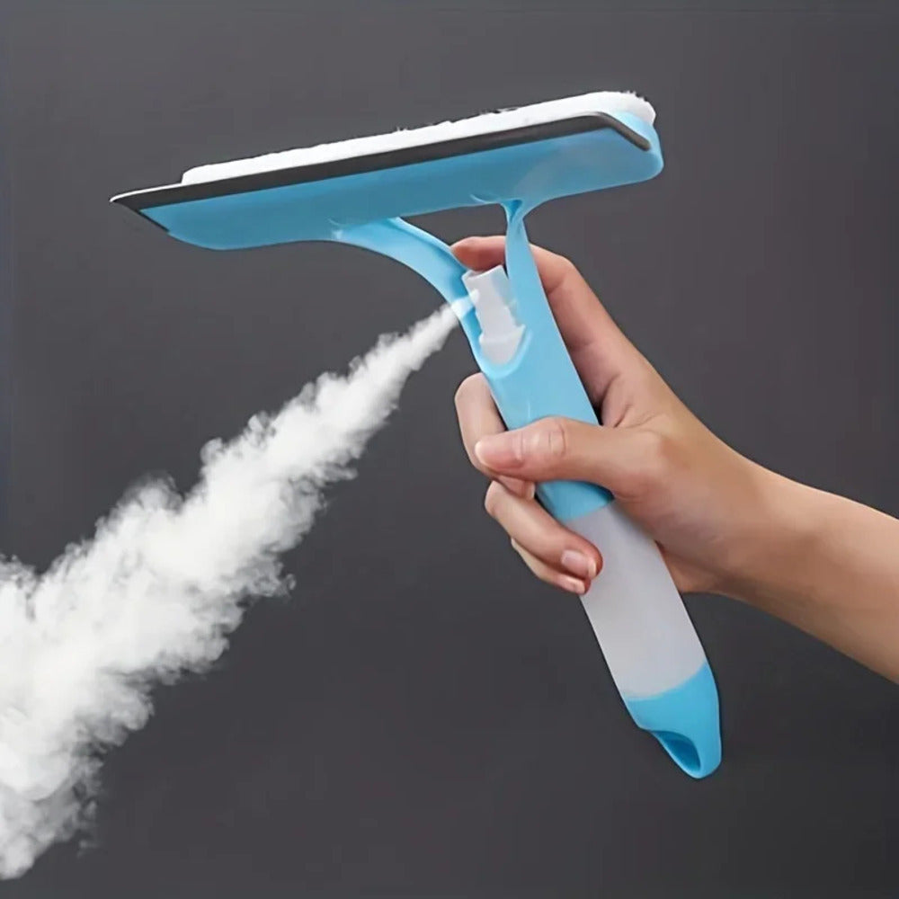 Hand holding a steam cleaner with steam being emitted against a dark background