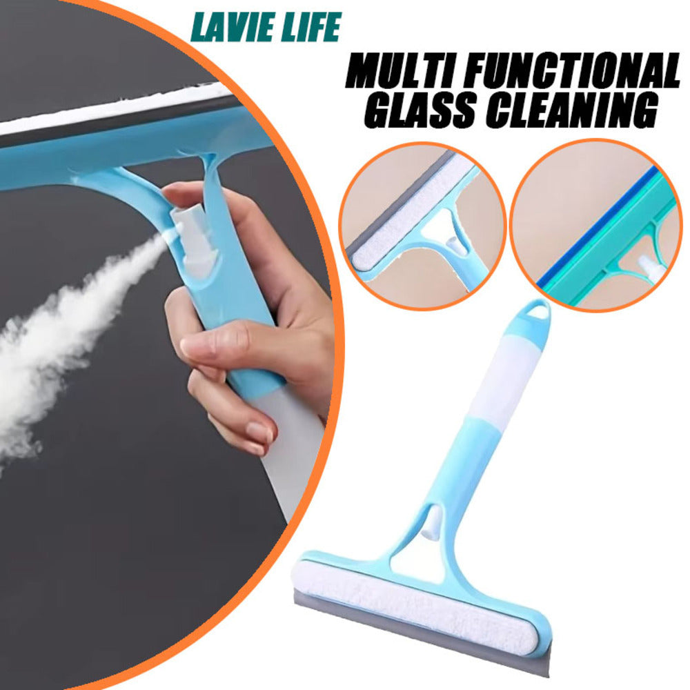 Multi-functional glass cleaning tool with squeegee and spray, branded 'LAVIE LIFE'.