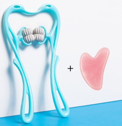 Blue facial roller and pink heart-shaped tool on a white and blue background