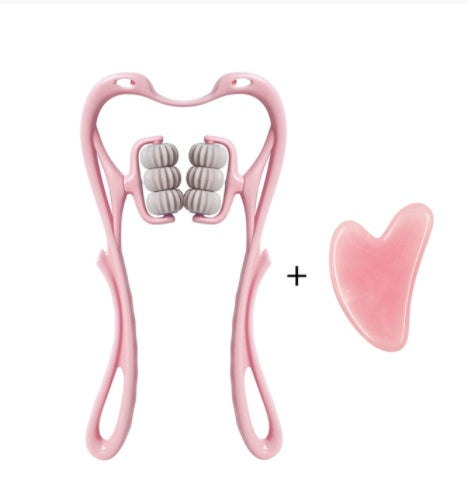 Pink dental-shaped massager with heart-shaped roller on a white background